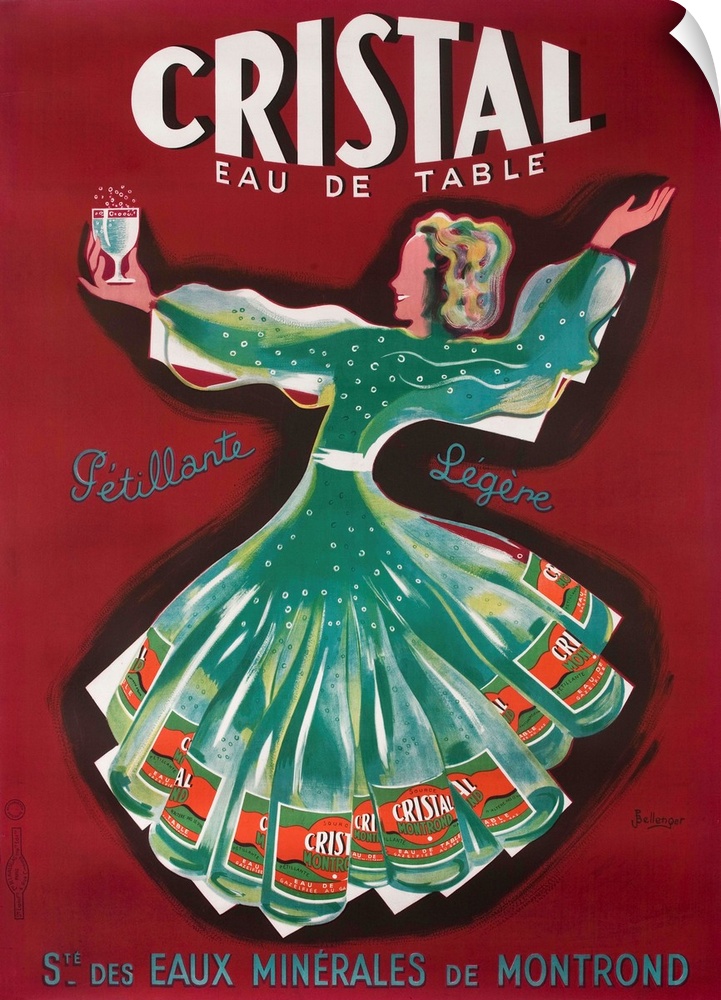 French advertising poster, illustrated by Bellanger, Dancing woman in a dress made of bottled water holds up a glass of Cr...