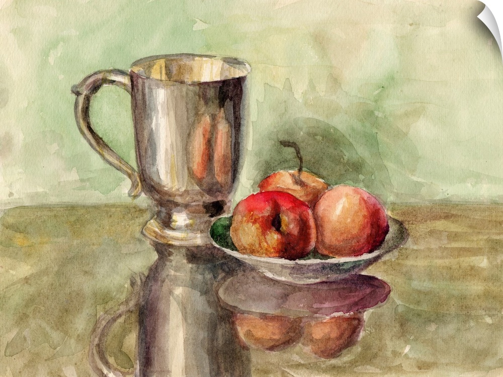 Watercolor vintage still life painting with cupronickel and silver goblet bowl and vase with red apples on a polished wood...