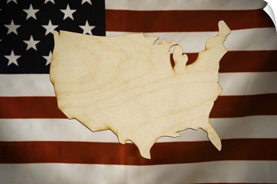 Cut-Out Map of America made of wood with the American Flag