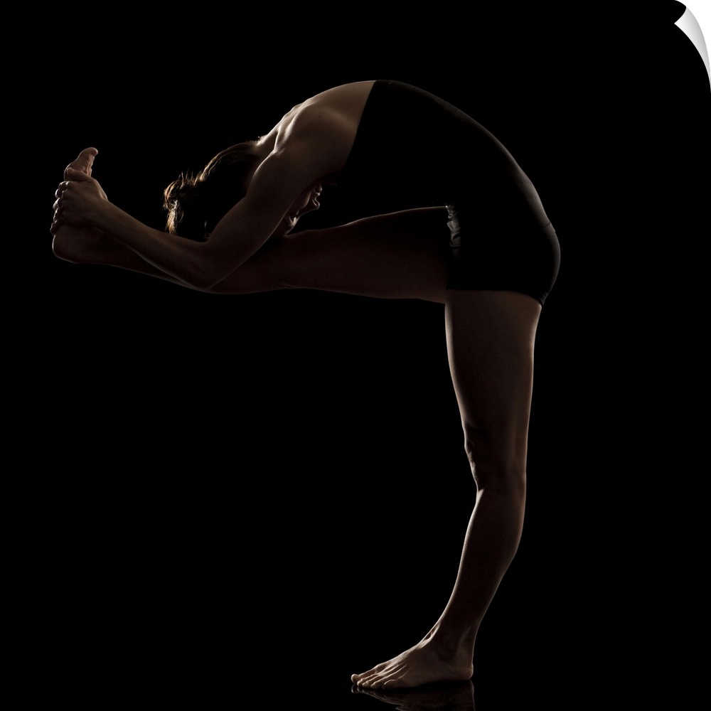 Studio shot of young woman practicing yoga.  The standing head to knee pose, dandayamana janushirasana.