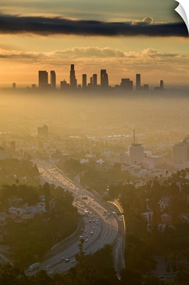 Dawn view of Downtown LA and Hollywood