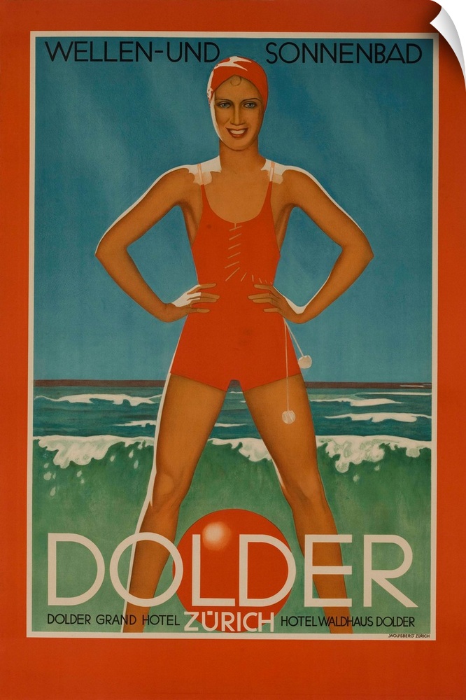 1930s Swiss travel poster, for the Dolder Grand Hotel Zurich. Bathing beauty stands over a beach ball in the waves of Lake...