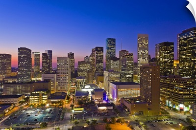 Dowtown city skyline at dusk/sunset/night, Houston, Texas, USA.