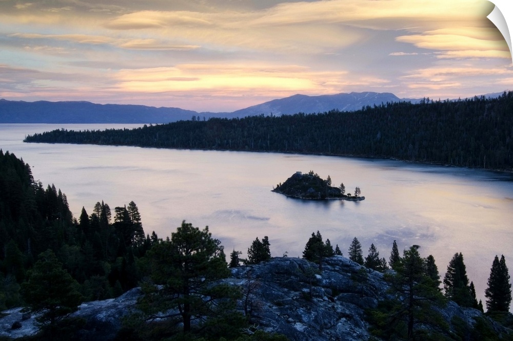 Dramatic clouds at sunset over Emerald Bay in Lake Tahoe, CA.