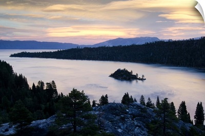 Dramatic clouds at sunset over Emerald Bay in Lake Tahoe, CA