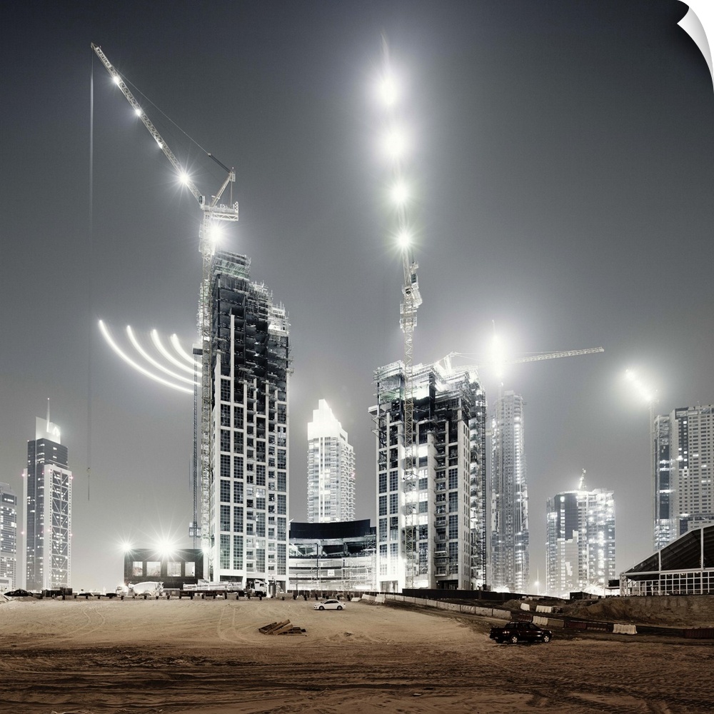 Illuminated of building yard in Dubai at night.
