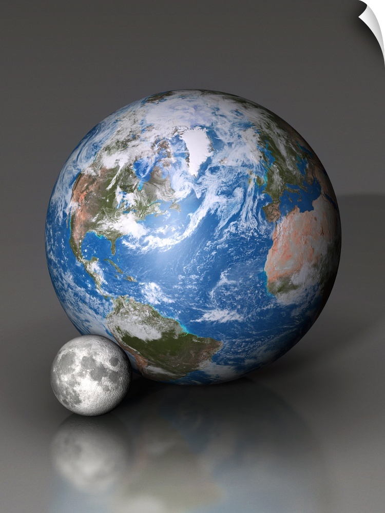 Earth alongside the Moon showing the difference in scale. The Moon is only 27% larger than Earth.