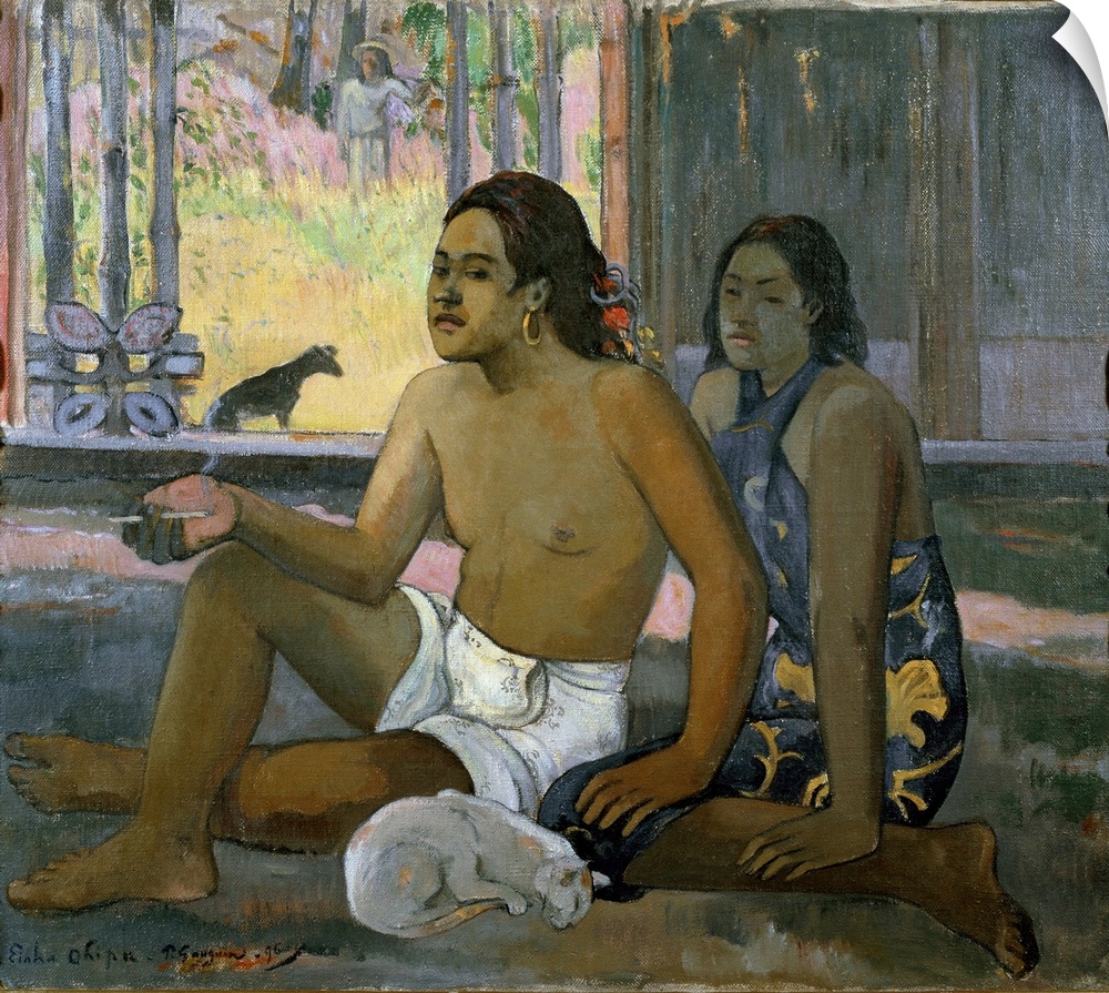 Eiaha Ohipa (Not working). A Tahitian couple in a room, with a white cat asleep. Painting by Paul Gauguin (1848-1903), 189...