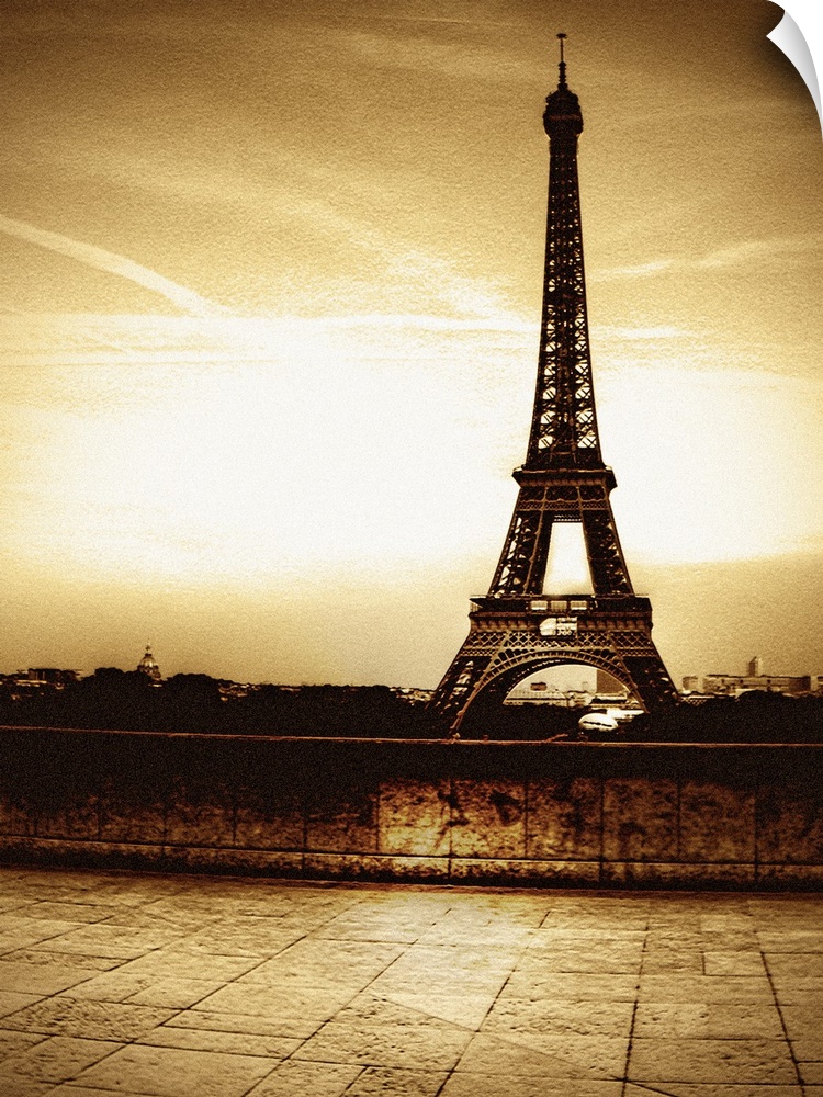 Tall photo on canvas of the Eiffel Tower in sepia tones.