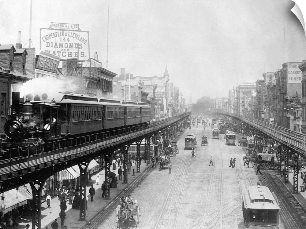 Elevated trains roll over busy streets in Manhattan's Bowery neighborhood.