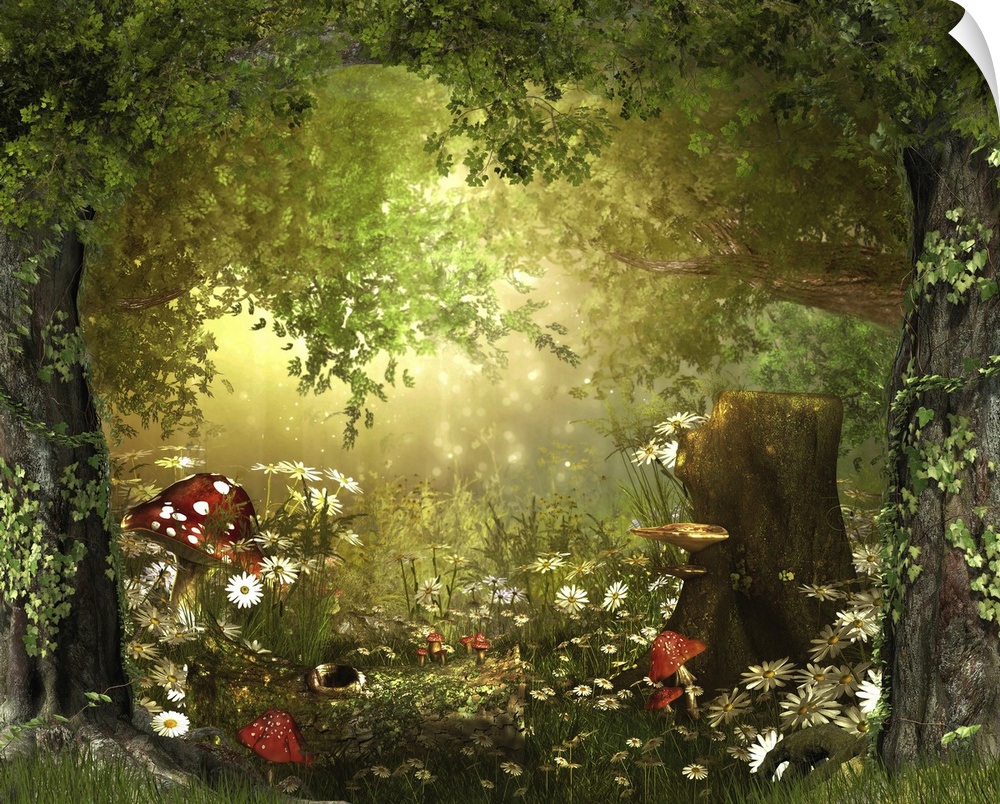 Three dimensional rendering of a beautiful enchanting fairy tale-like lush woodland.