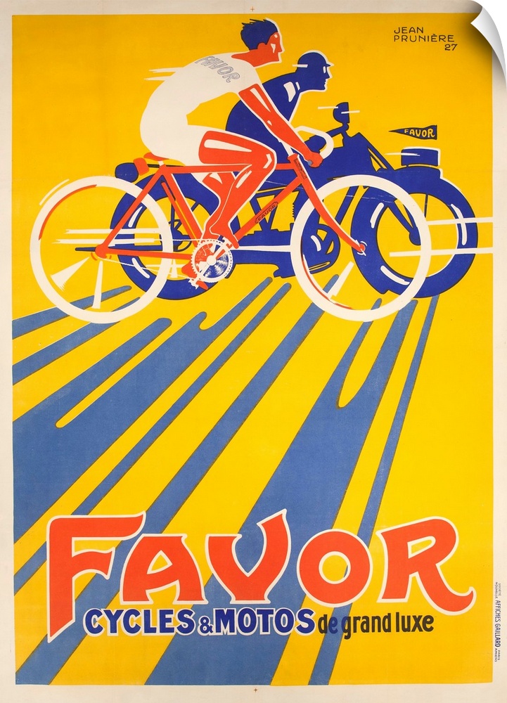 1927 Franch advertising poster illustrated by Jean Pruniere. Bicyclist and motorcycle rider ride side by side