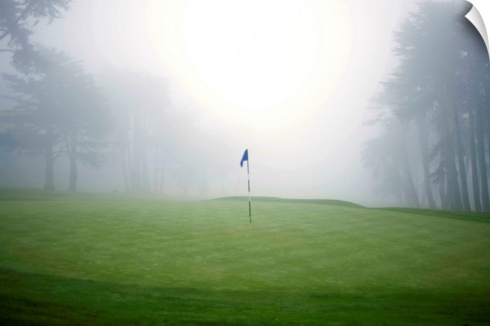 Flag on putting green on golf course, fog and trees in background