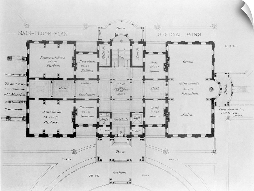 A drawing by F. D. Owen of the main floor plan of the White House.