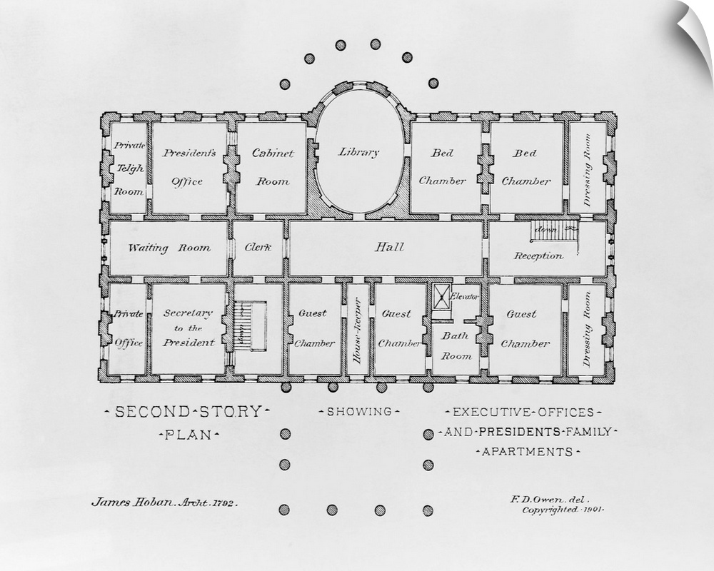 A 1901 drawing by F. D. Owen of the floor plan of the second story in the White House, which was originally deisgned by ar...