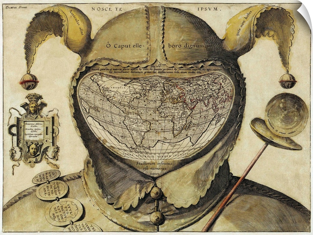 Fool's Cap World Map by an unknown artist, c. 1590, European hand-colored engraving. Inscription states: Democritus laughe...