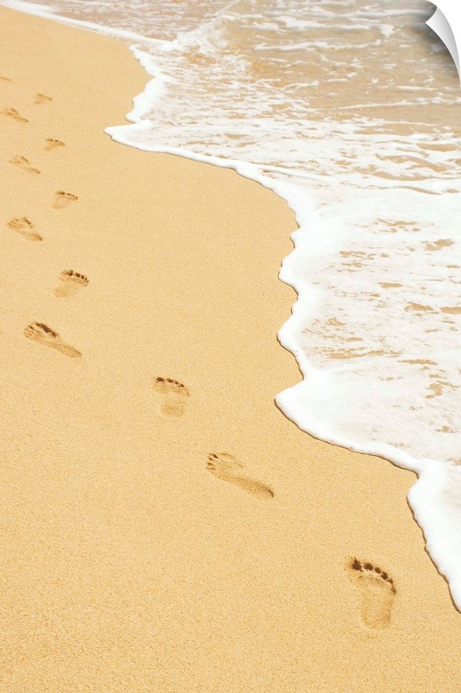 Footprints in sand walking next to foamy ocean edge.
