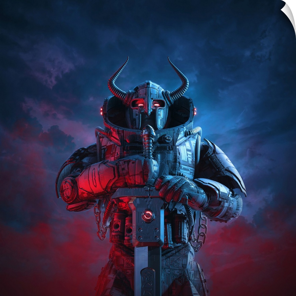 3D illustration of a science fiction barbarian robot knight with horned helmet and battle sword against dark ominous sky.