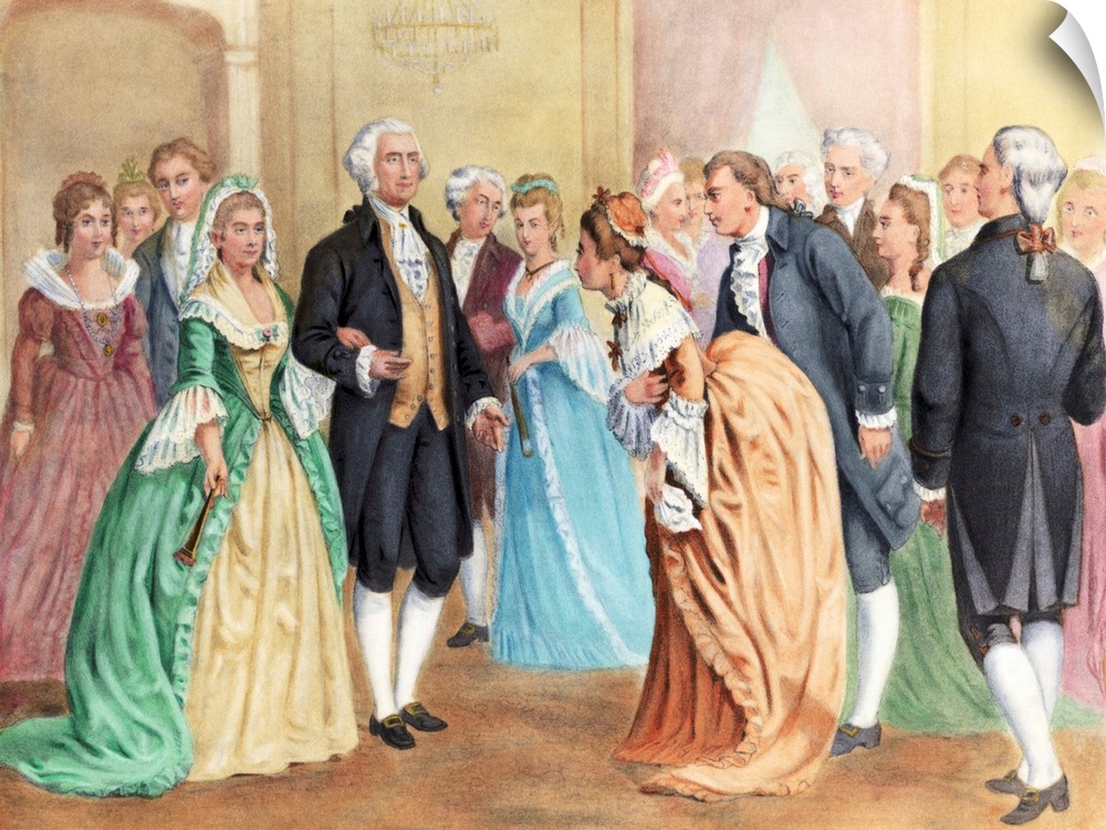 Guests bow to President Washington and the First Lady during a reception in 1798.