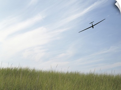 Glider flying in sky with grass in foreground