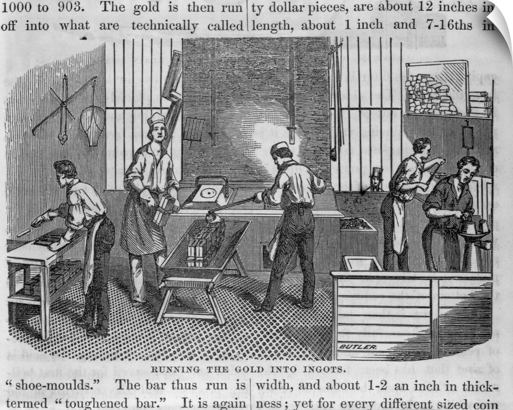 A print depicts United States Mint workers as they process gold to make gold coins. San Francisco, California, USA.