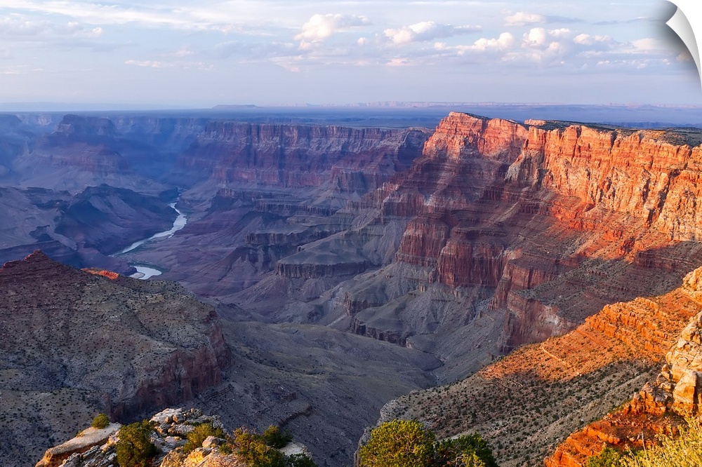 Landscape, high angle photograph on a big canvas, overlooking the Grand Canyon as the sun sets over Grand Canyon National ...