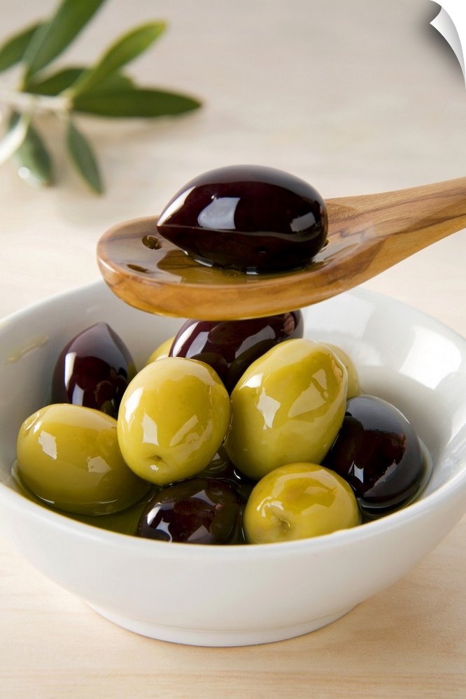 Green and black olives covered in olive oil in a bowl and on a wooden spoon, close-up photograph.