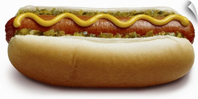 Hot dog with mustard and relish