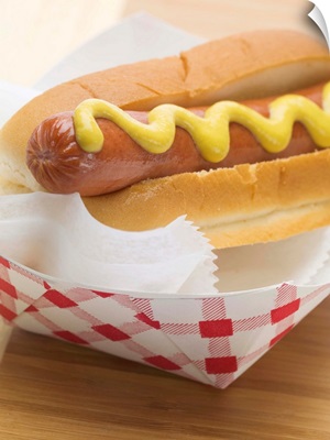Hot dog with mustard in paper dish