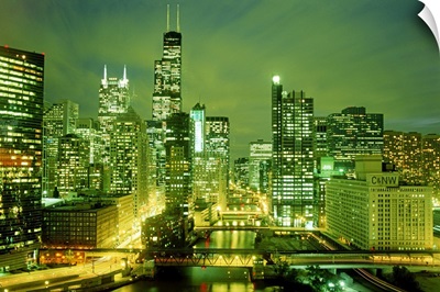 Illinois, Chicago, city skyline, night