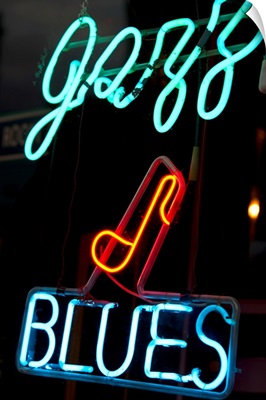 Illuminated Jazz and Blues sign on Beale Street in Memphis