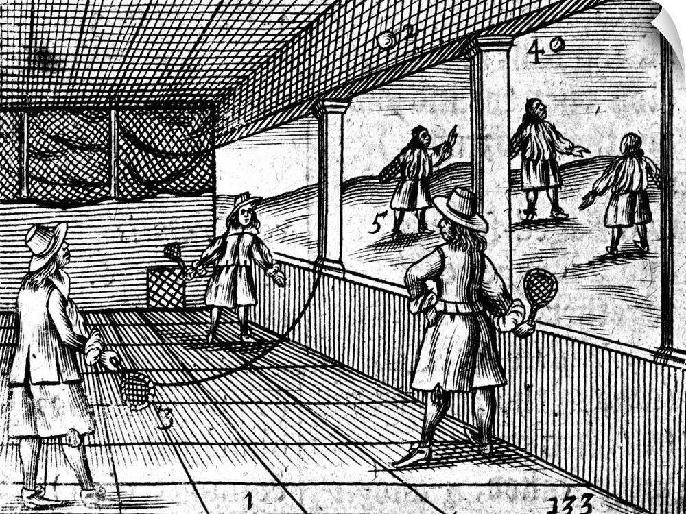 The Game of Tennis. From the Orbis Sensualium Pictus of Commenius, 1659. A group of 17th Century men playing indoor tennis.