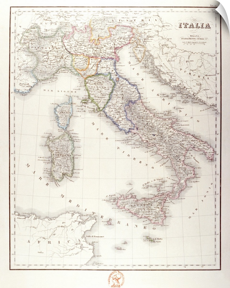 An antique map of Italy that has the wording in Italian.