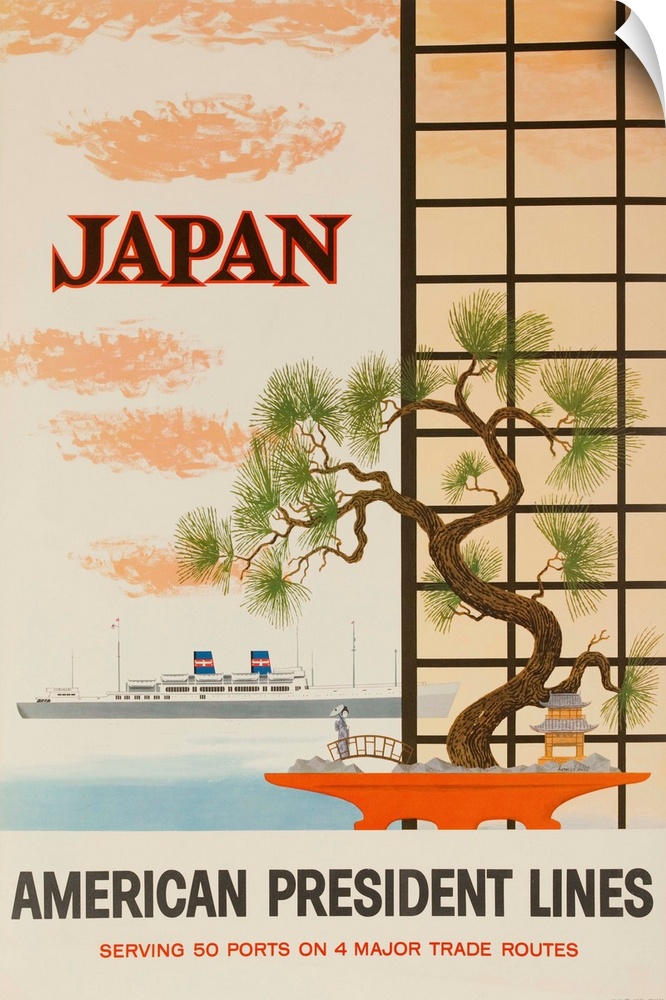Bonsai and shoji screen frame a window as 2 masted liner sails past.