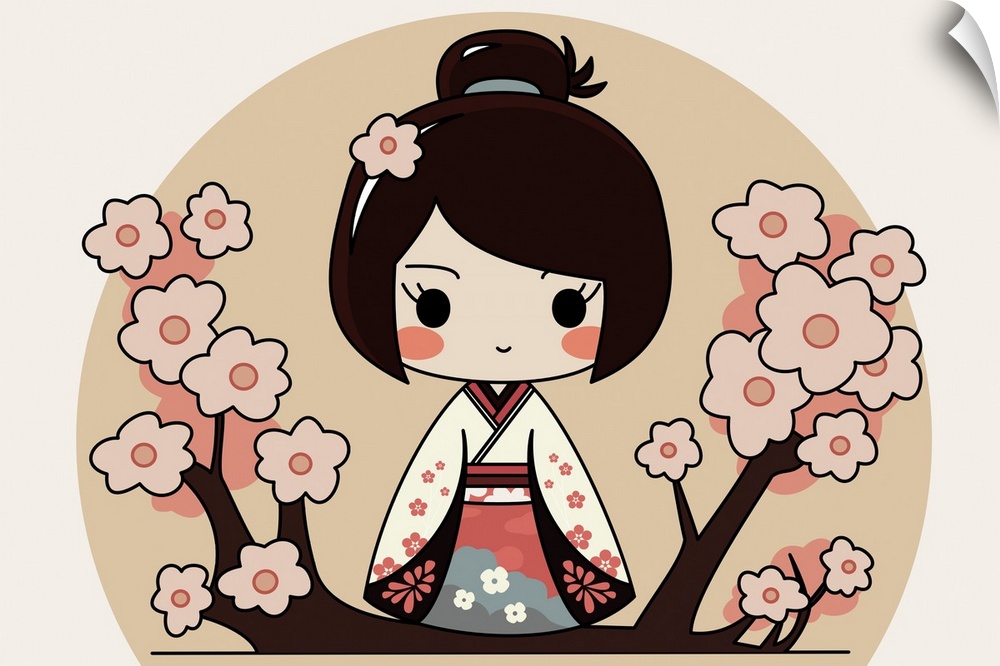 Japanese chibi female character with traditional kimono. Sakura flowers, hanami background. Originally a vector illustration.
