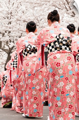 Japanese dancers in traditional costumes celebrate cherry blossom spring festival