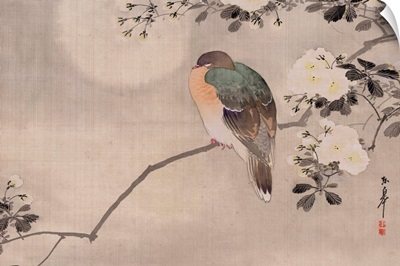 Japanese Watercolor Of Bird Perched On A Branch Of A Blossoming Tree
