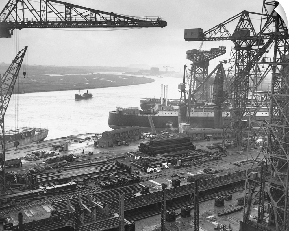 A view of John Brown's Shipyards at Glasgow. Looking along the curving river Clyde, scene of many famous launchings.