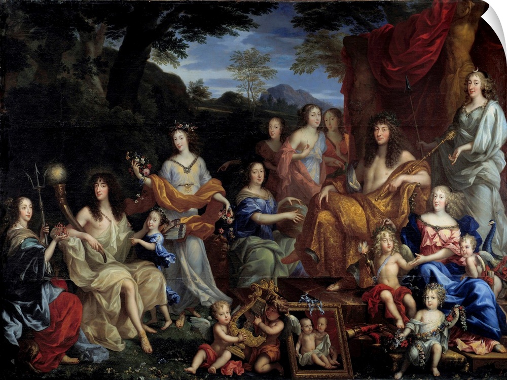 The king Louis XIV and his family dressed up in mythological figures. The King -on the right- seated on a throne, as Apoll...