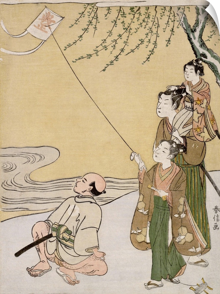 Illustration of a boy playing with a kite accompanied by his family made by Japanese artist Suzuki Harunobu during the Edo...