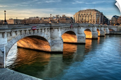 La Seine, Pont-Neuf and La Samaritaine with sunset golden light, Paris, France.