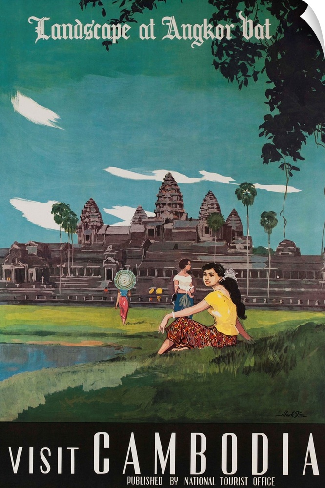 1950s Cambodian travel poster, illustrated by Nhek Dim. Showing Cambodian tourists outside of the ruins of Angkor Wat