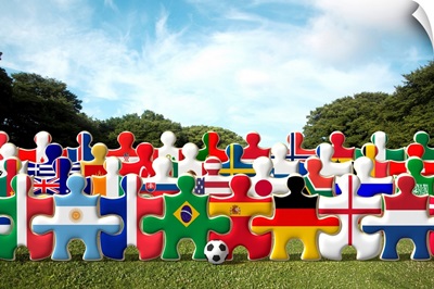 Large puzzle pieces with flags from around the world on them