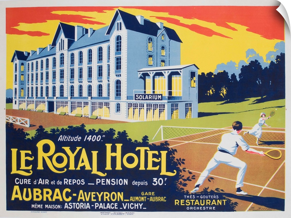 1930s French advertising poster for Hotel and resort, Le Royal Hotel Aubrac, offering tennis, solarium, air cure.