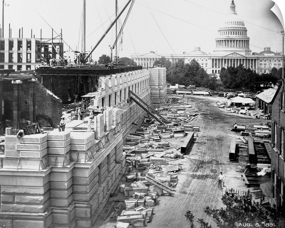 The basement and first floor of the Library of Congress are under construction. The U. S. Capitol can be seen in the backg...