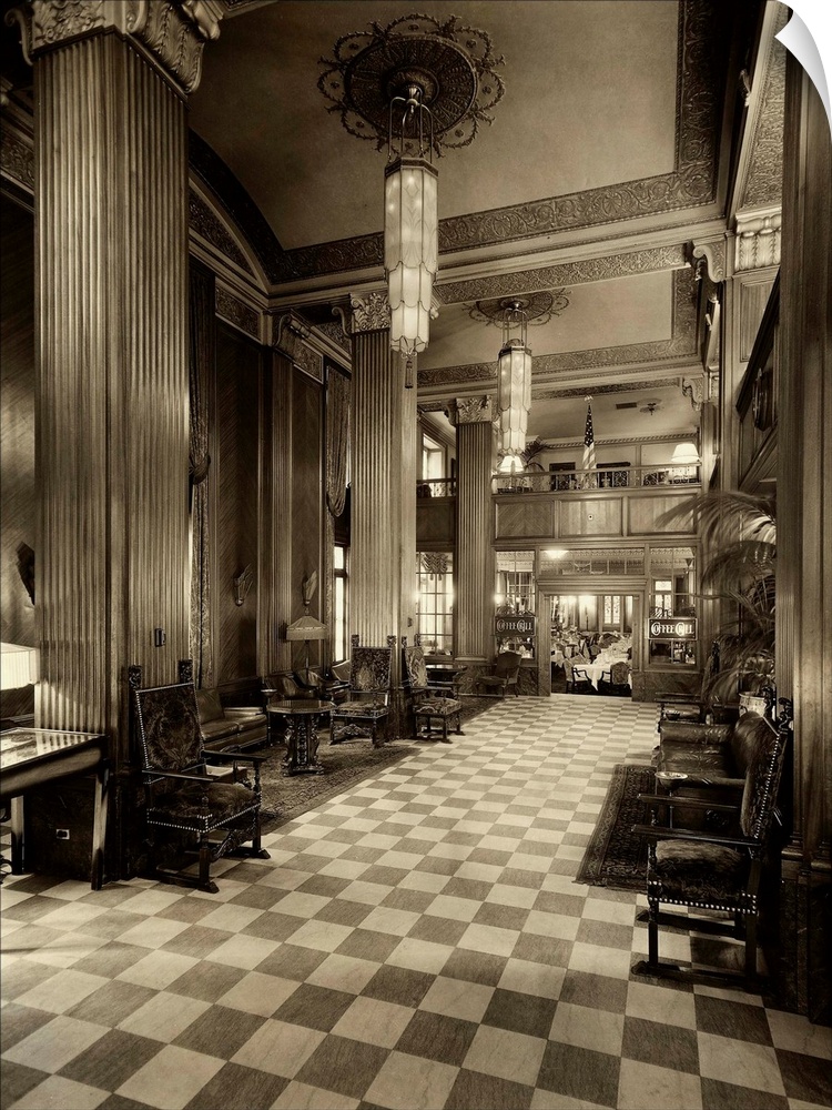 Photo shows the lobby in the Hotel Lennox, St. Louis, Missouri, looking toward the coffee grill. Undated.