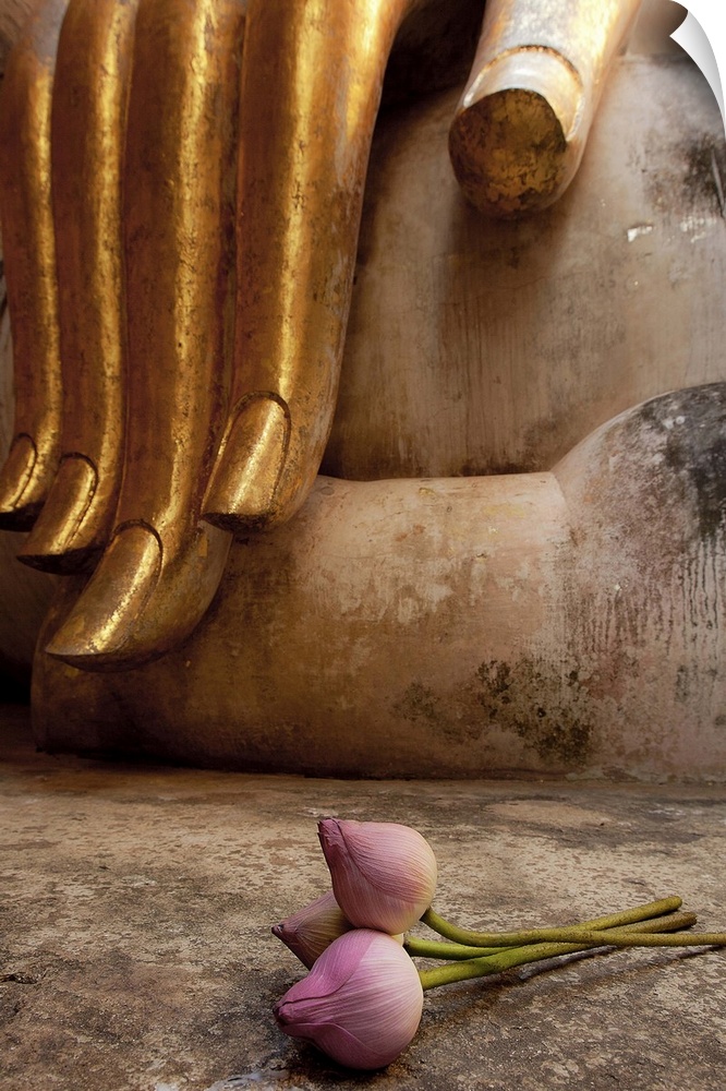 Sukhothai Historical Park towards Northwest.  Buddha long slender fingers of the Buddha with lily bud Sukhothai, Thailand.