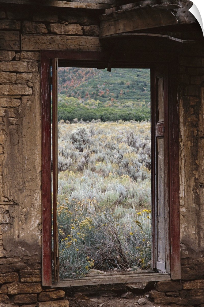 looking out of an abandoned adobe cabin to see sage brush and dead grass