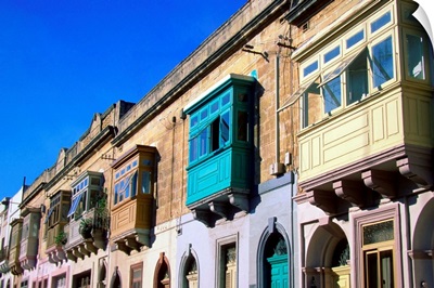 Low angle view of balconies on traditional houses, Valetta, Malta
