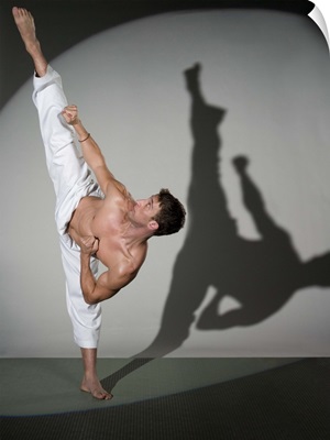 Male martial artist performing kick, studio shot